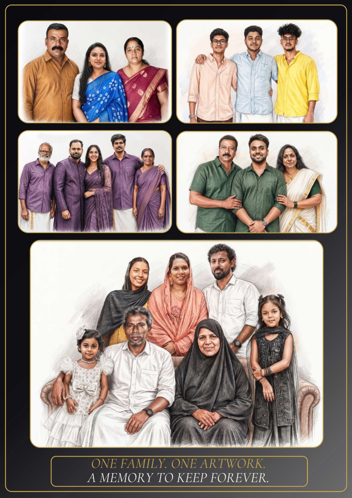 Family realistic pencil portrait sample 5 of 6